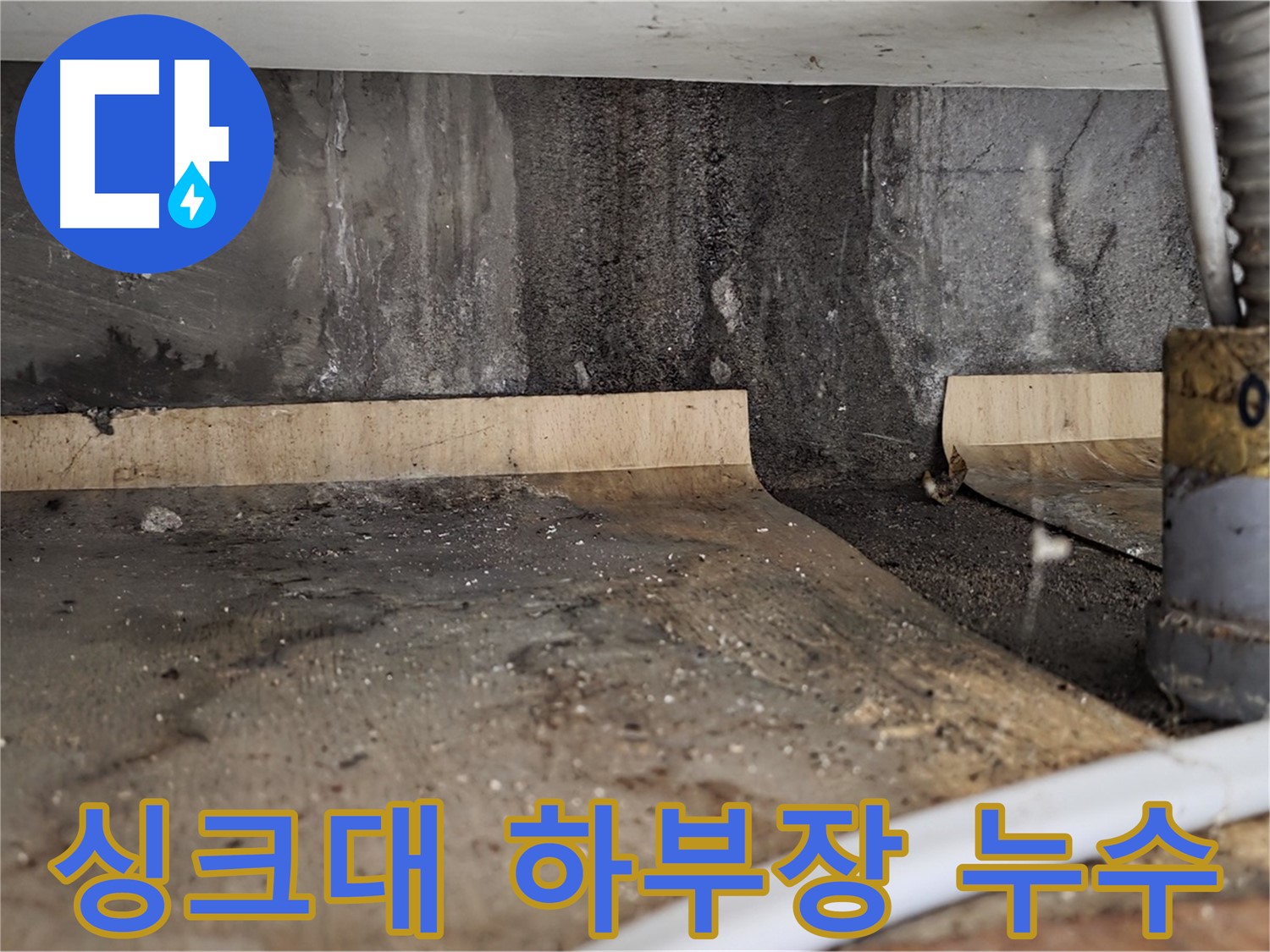 싱크대 하부장 누수 - 물이 흥건한 모습