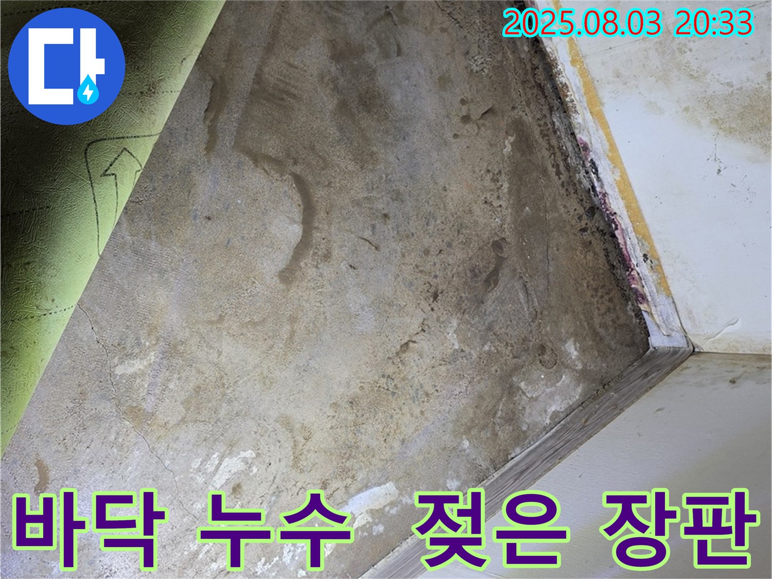 장판 아래 숨겨진 바닥 누수 - 젖은 장판과 콘크리트 바닥