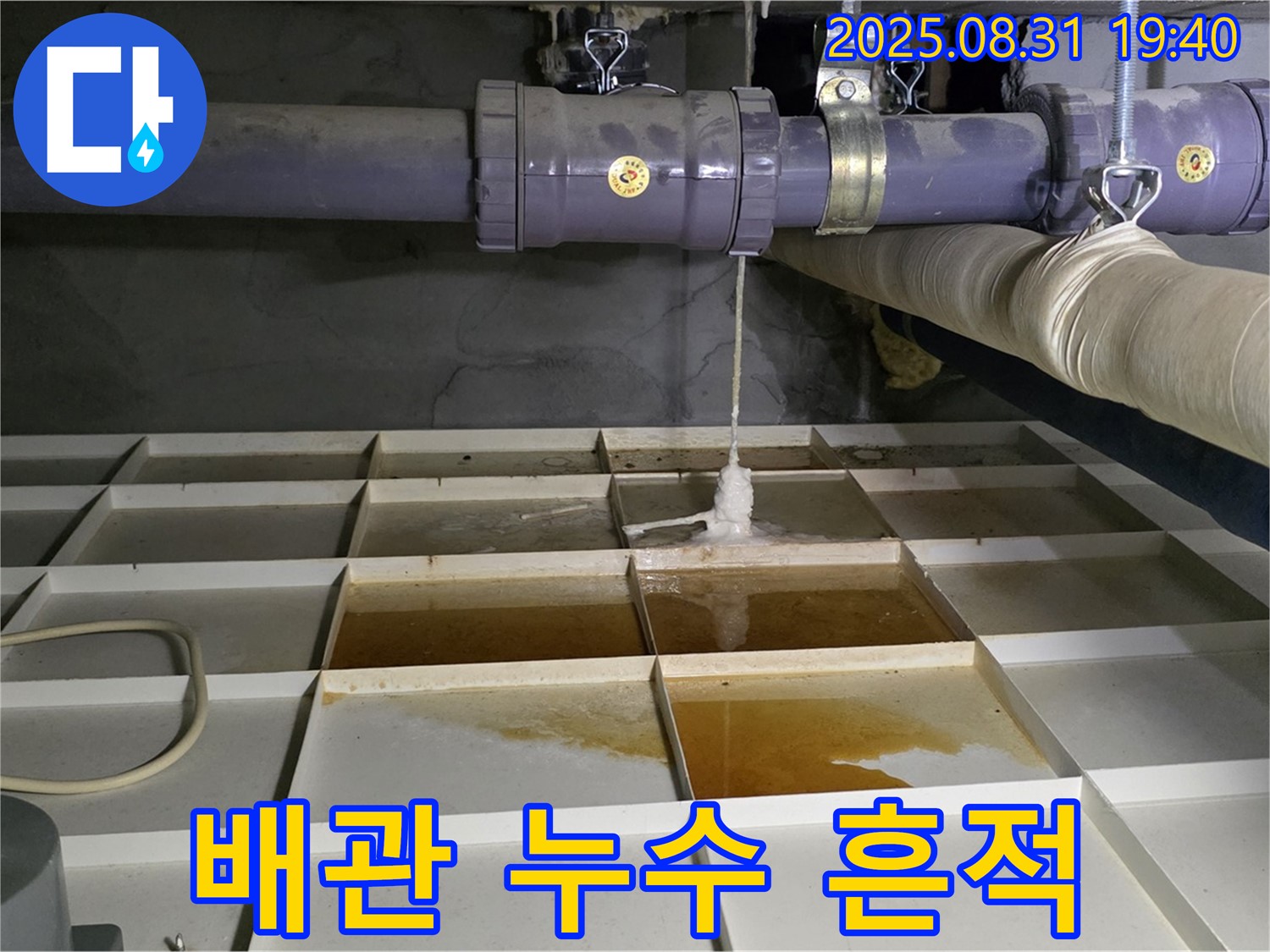 분당 산운로 누수 현장 - 배관 누수로 인한 물 자국
