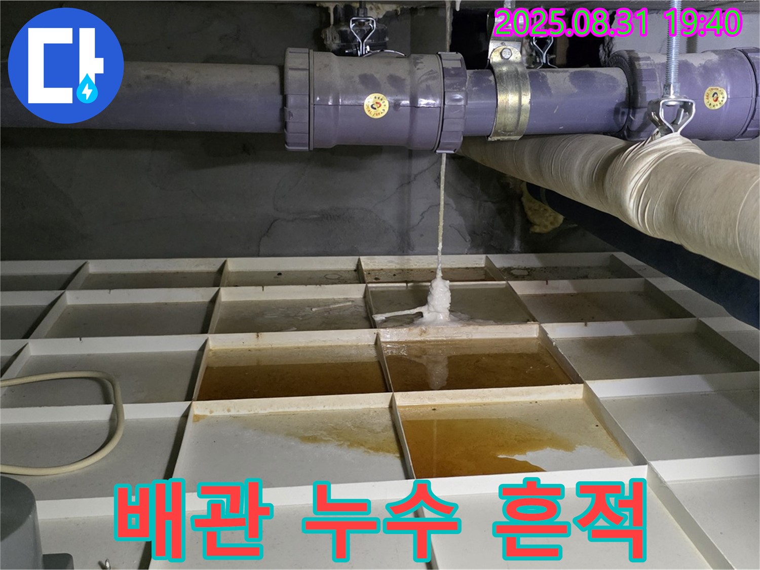 분당 산운로 누수 현장 - 배관 누수로 인한 물 자국