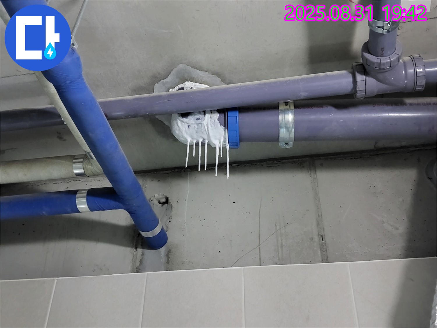 분당 운중동 산운로 주택 욕실 누수 - 배관 연결 부위 주변 습기 및 물기 확인