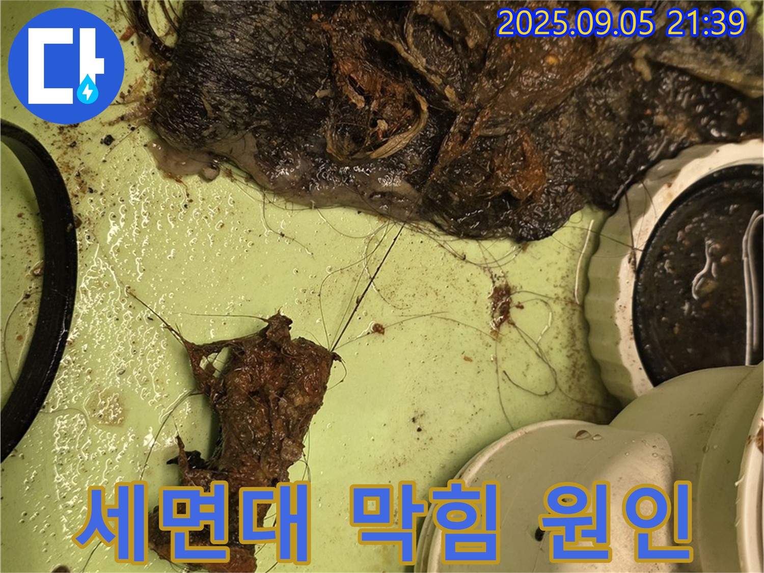 세면대 배수구 막힘 - 머리카락과 이물질 덩어리 - 누수 위험