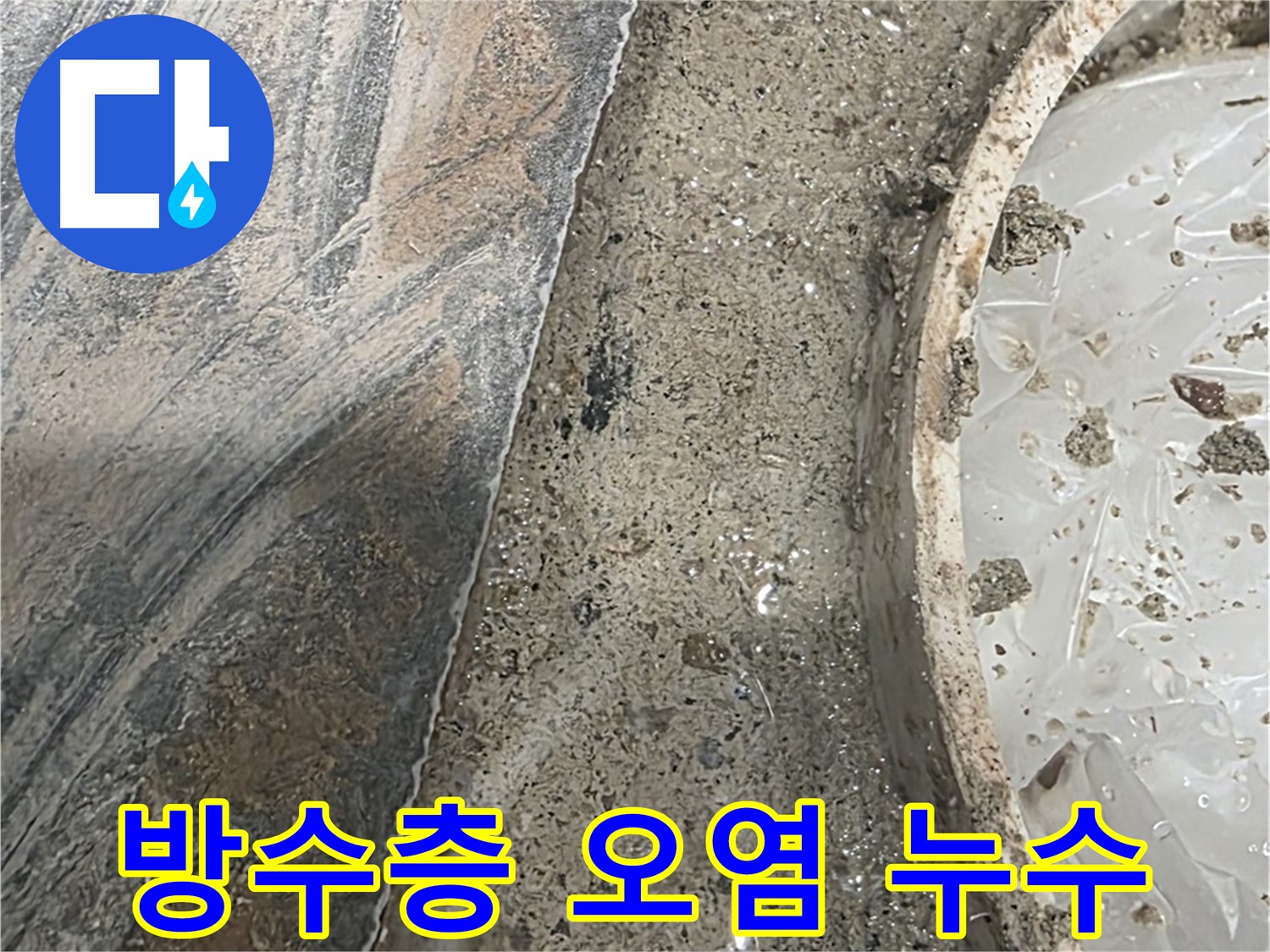 유가 주변 방수층 오염 - 누수 진행 중 의심 - 점검 필요