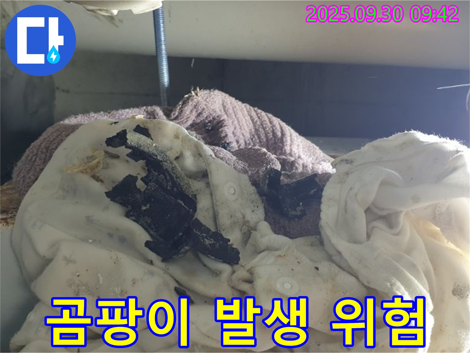 젖은 세탁물과 검은 가루 - 곰팡이 위험 - 양주 누수 현장
