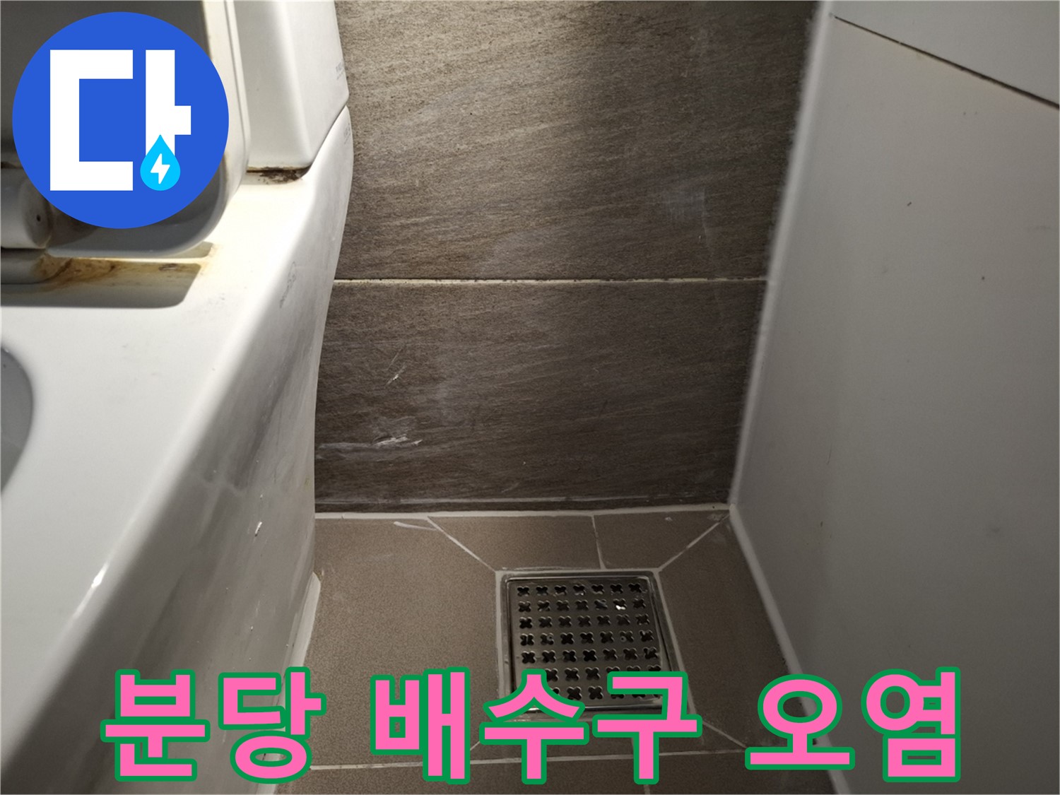 분당 화장실 배수구 주변 타일 오염 - 누수 때문일까?