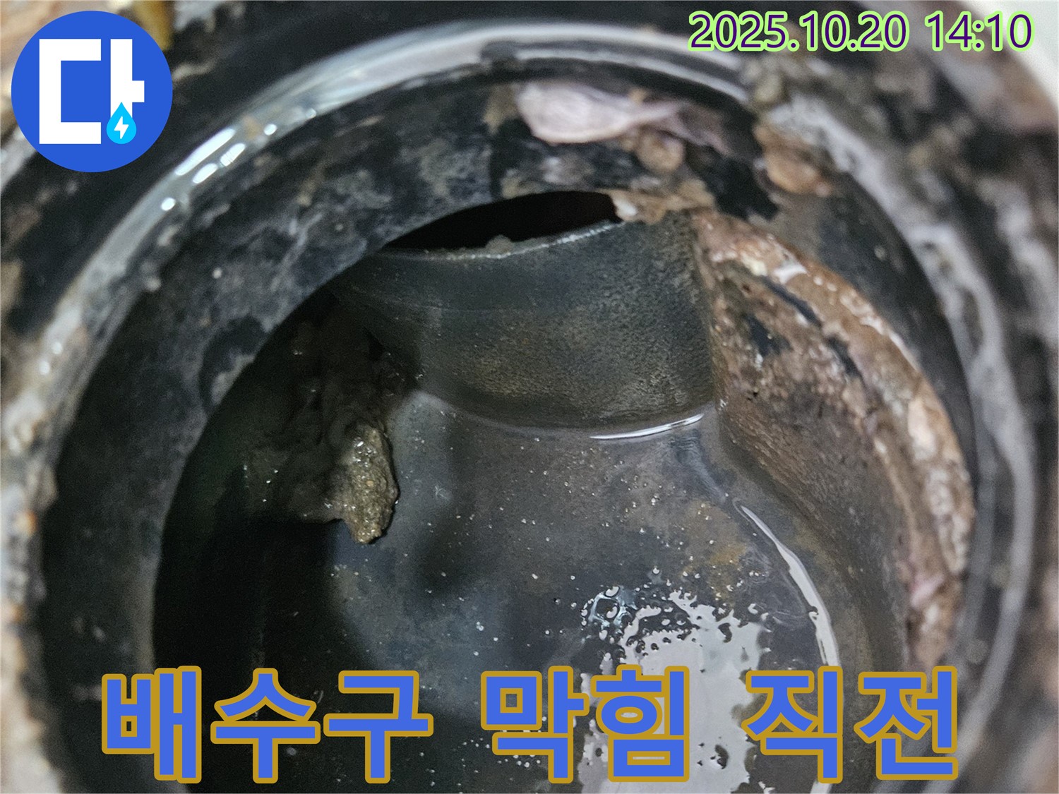 배수구 막힘 직전 - 누수 발생 일촉즉발
