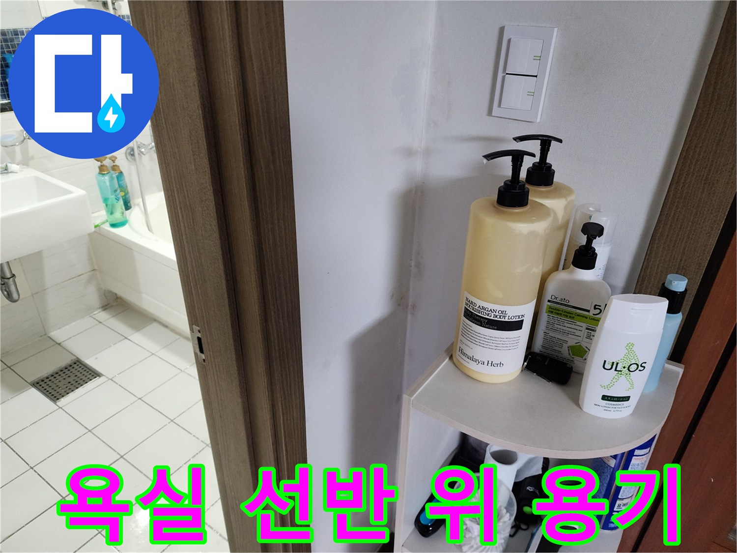 욕실 선반에 비치된 펌프형 세정제와 로션