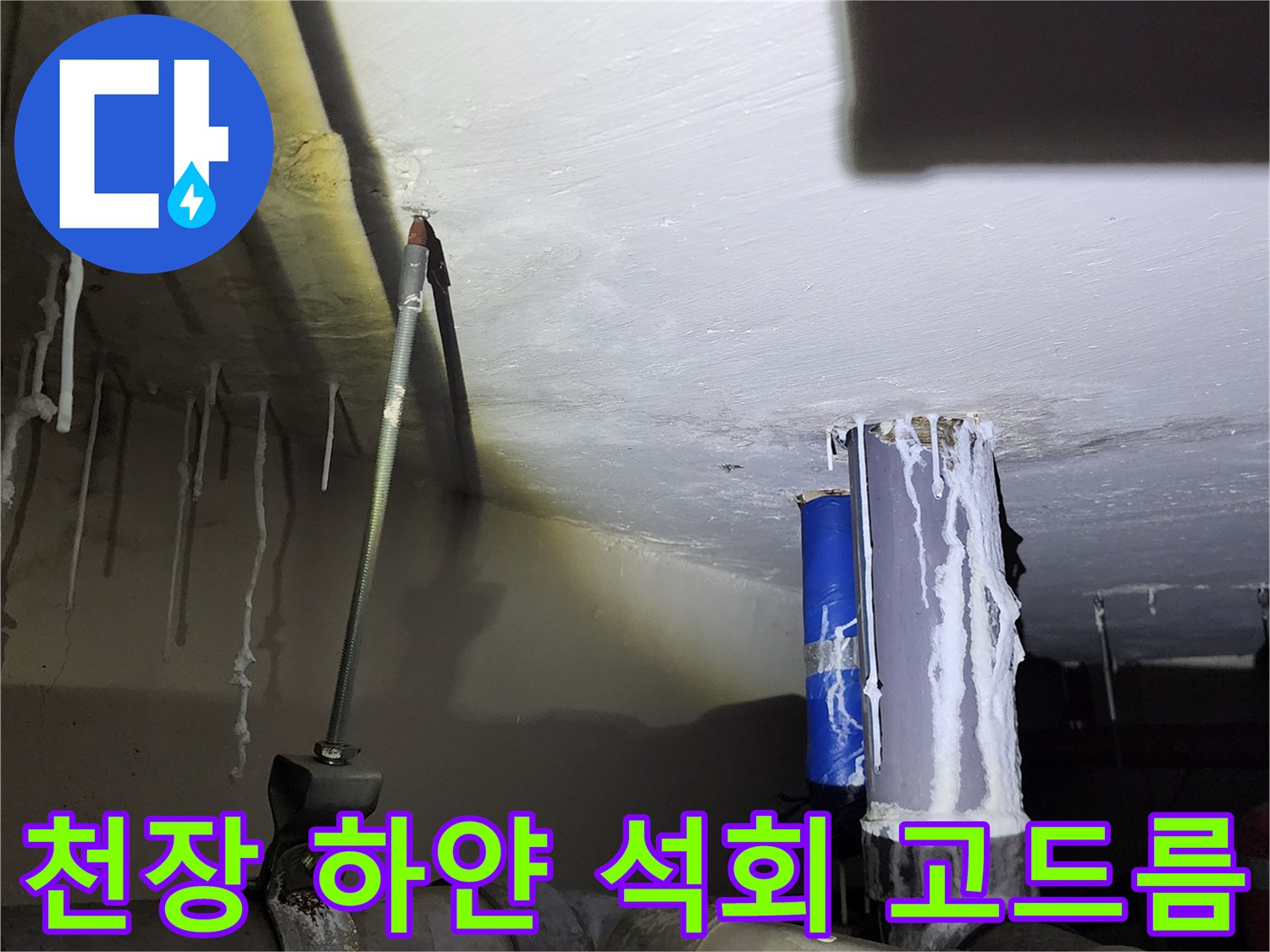 천장 슬래브와 배관에 맺힌 백색 석회 침착물 상태