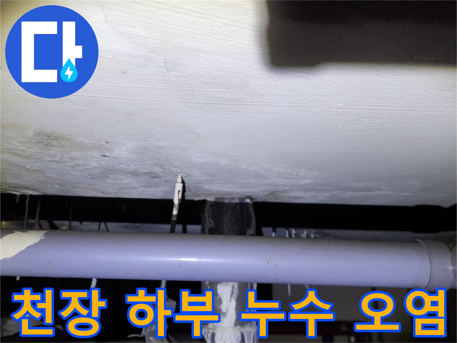 천장 슬래브의 백화 현상과 물샘 흔적 사진