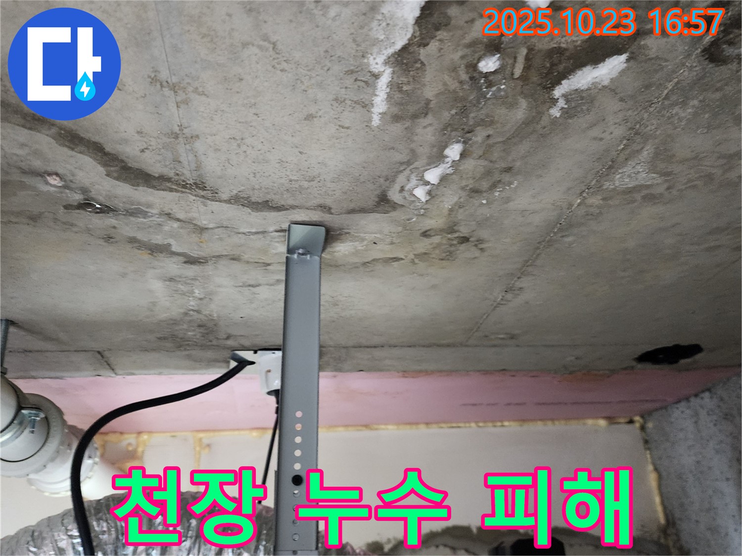 천장 누수 피해 - 젖어있는 천장과 곰팡이