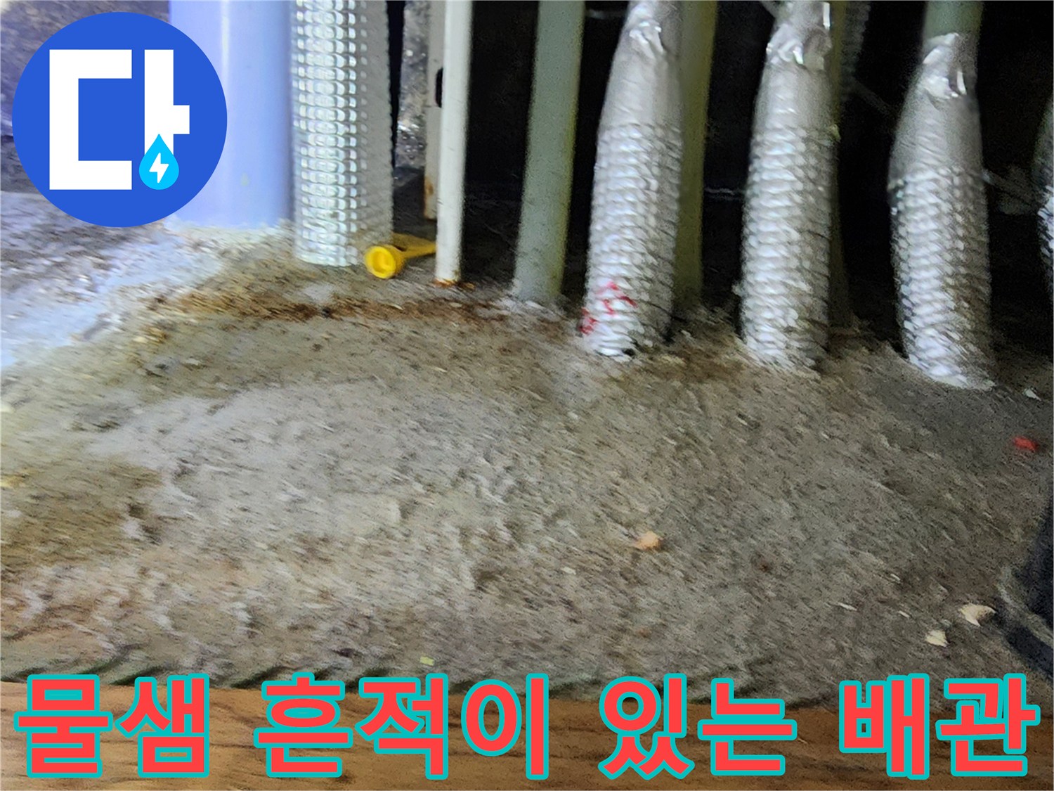 배수관 하부의 물샘 흔적과 오염된 바닥