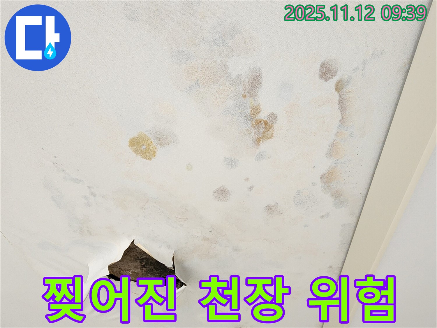 찢어진 천장 - 안전 문제 - 즉시 보수