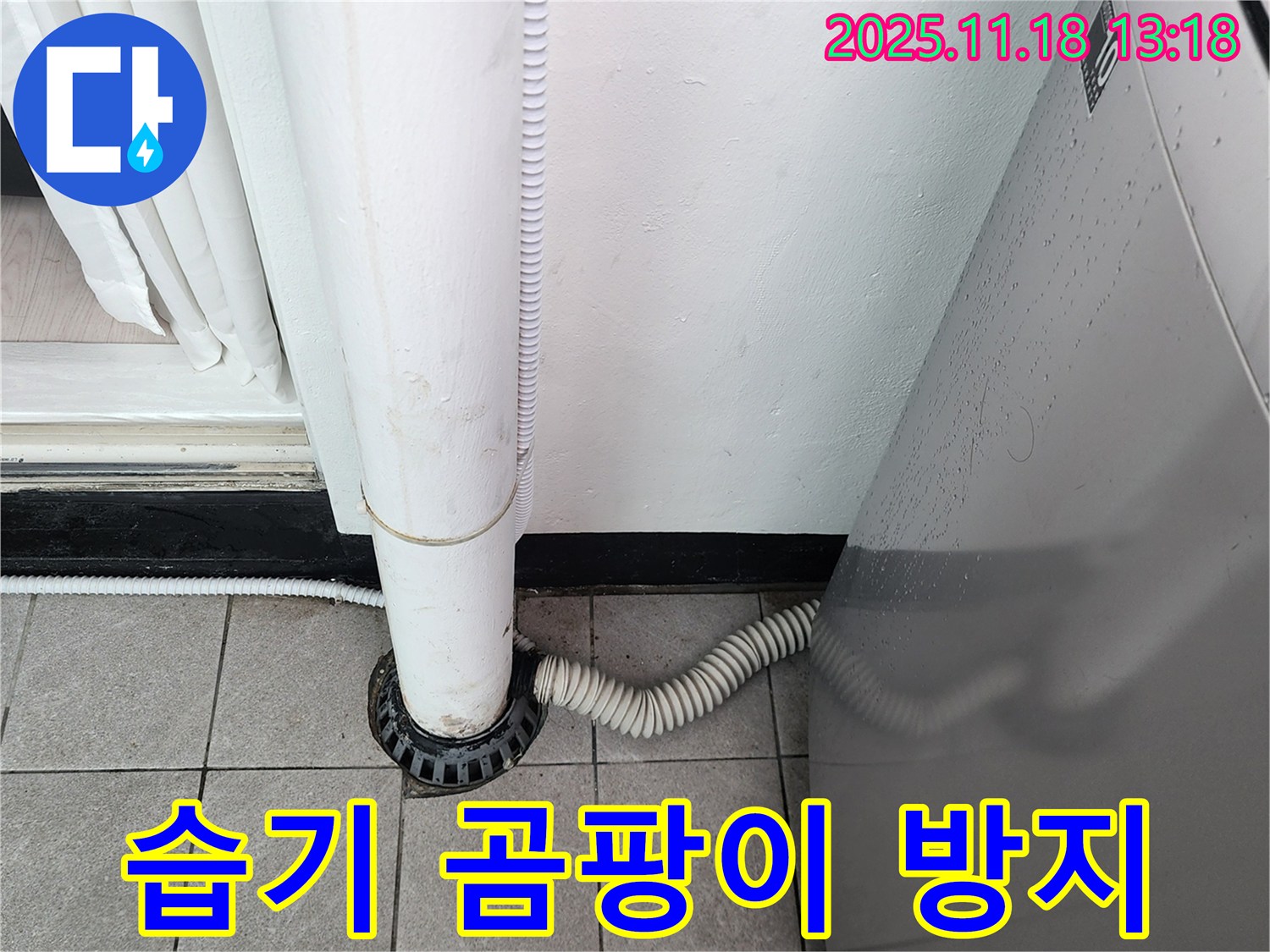 세탁기 배수구 주변에 - 습기가 많습니다.