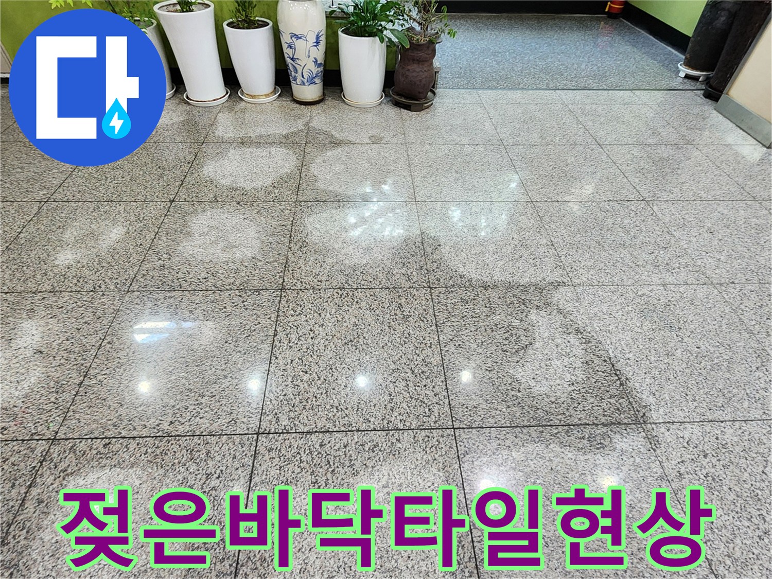 물기에-젖어-변색된-상가-바닥-석재-타일