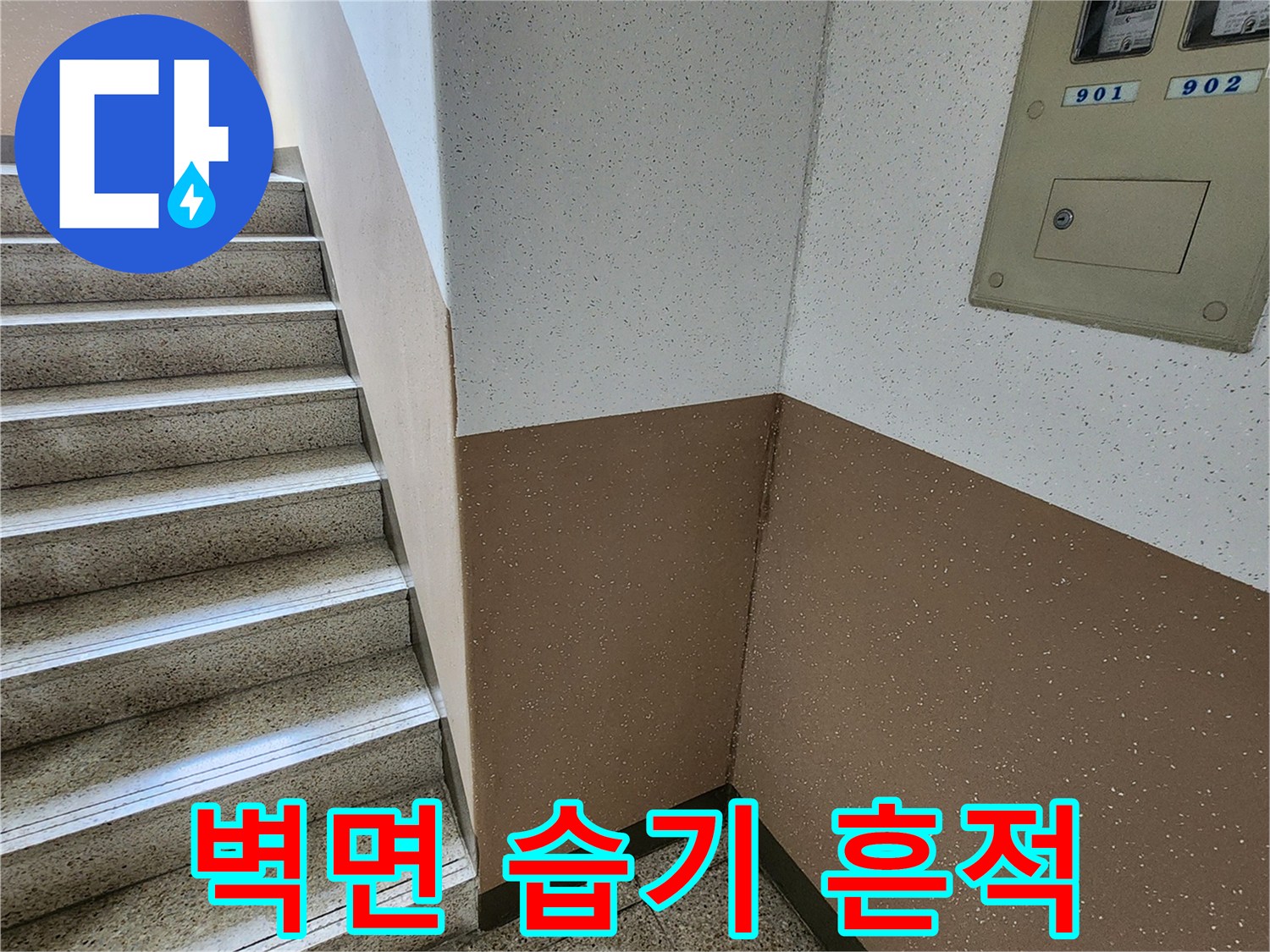 계단실 벽 하단의 습한 변색 부위