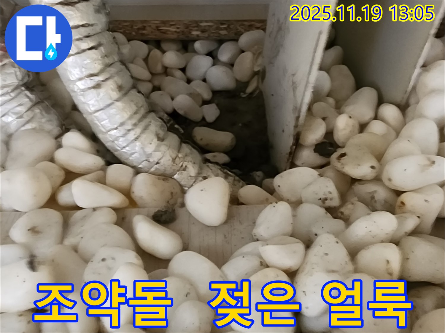 조약돌 아래 젖은 얼룩 - 누수의 명백한 증거입니다.