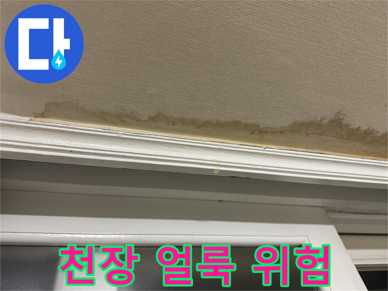 심각한 천장 얼룩 - 누수의 심각성을 경고합니다.