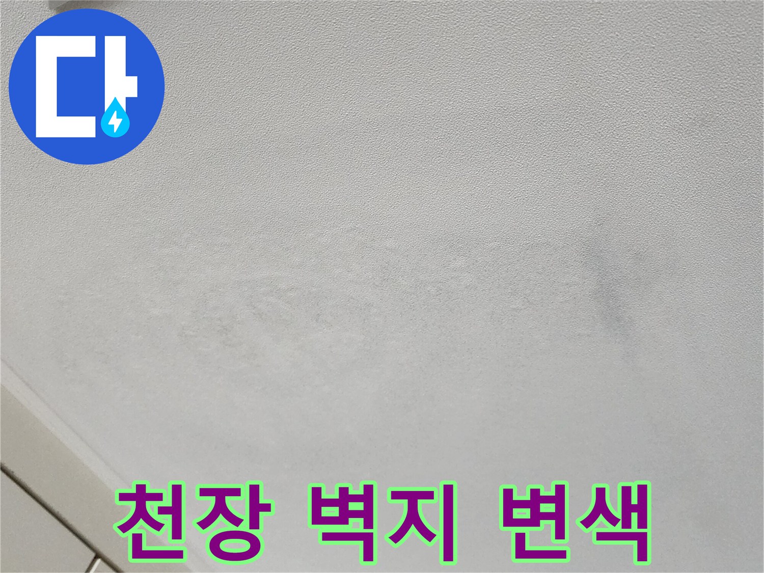 습기로 인해 어둡게 변한 천장 벽지 상세 사진