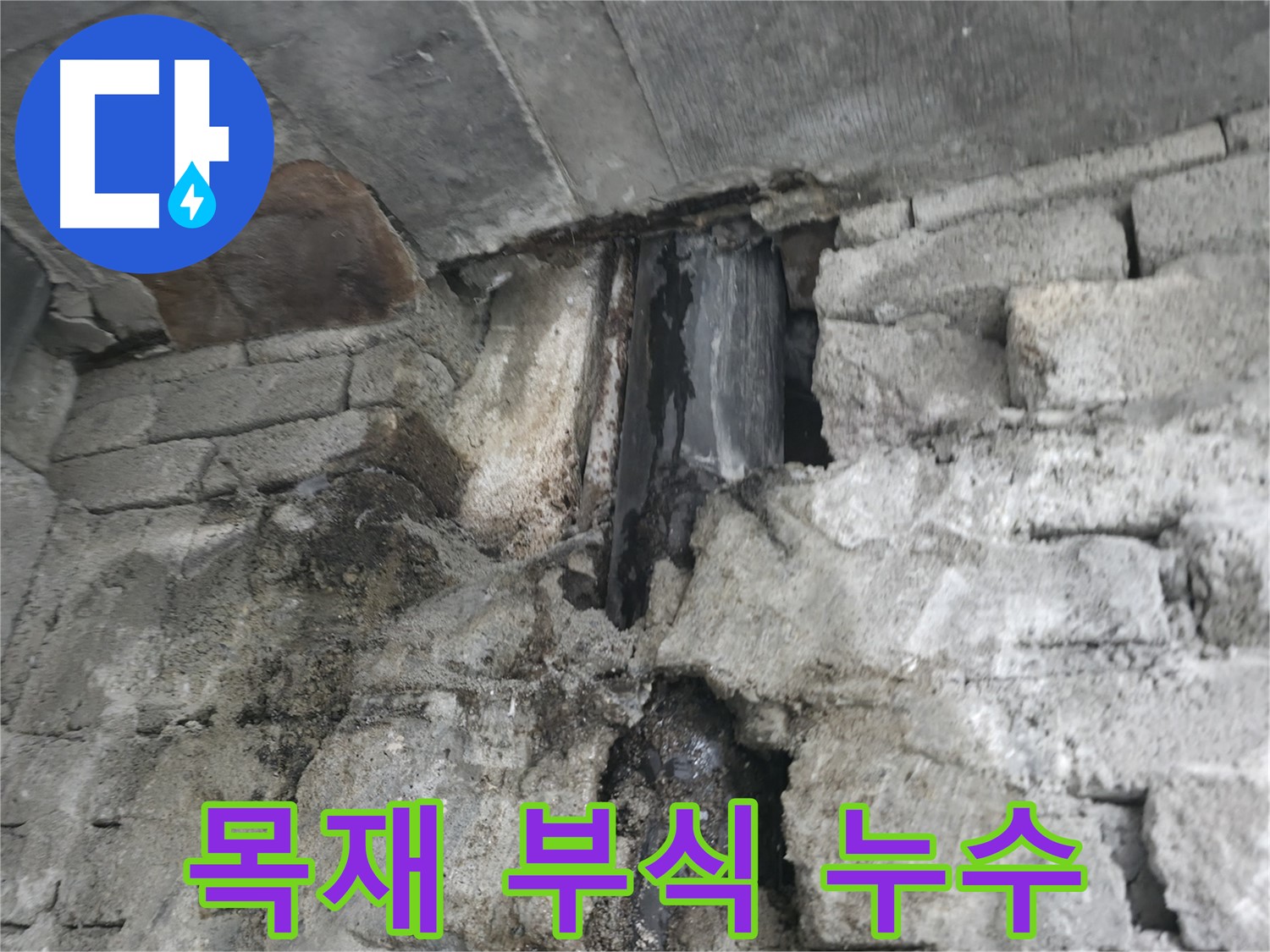 건물 내부 나무 부식으로 인한 누수 - 썩은 나무에서 물이 떨어지고 있습니다 - 목재 교체가 시급합니다.