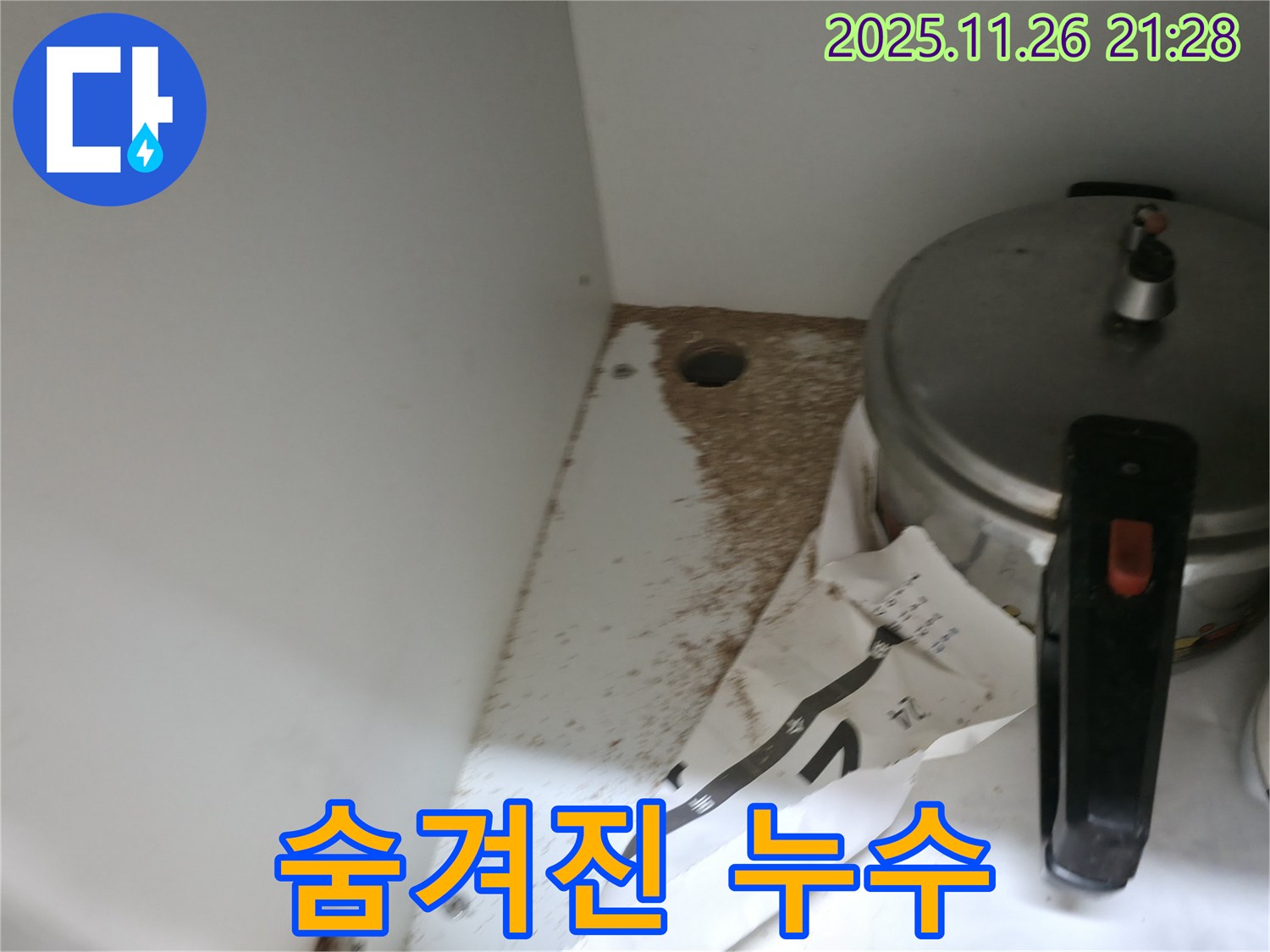 싱크대 하부 - 톱밥 - 숨겨진 누수 - 첨단 장비 탐지