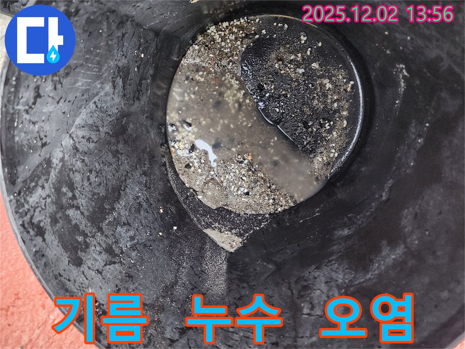 양동이 속 기름 섞인 물 - 심각한 오염 상태