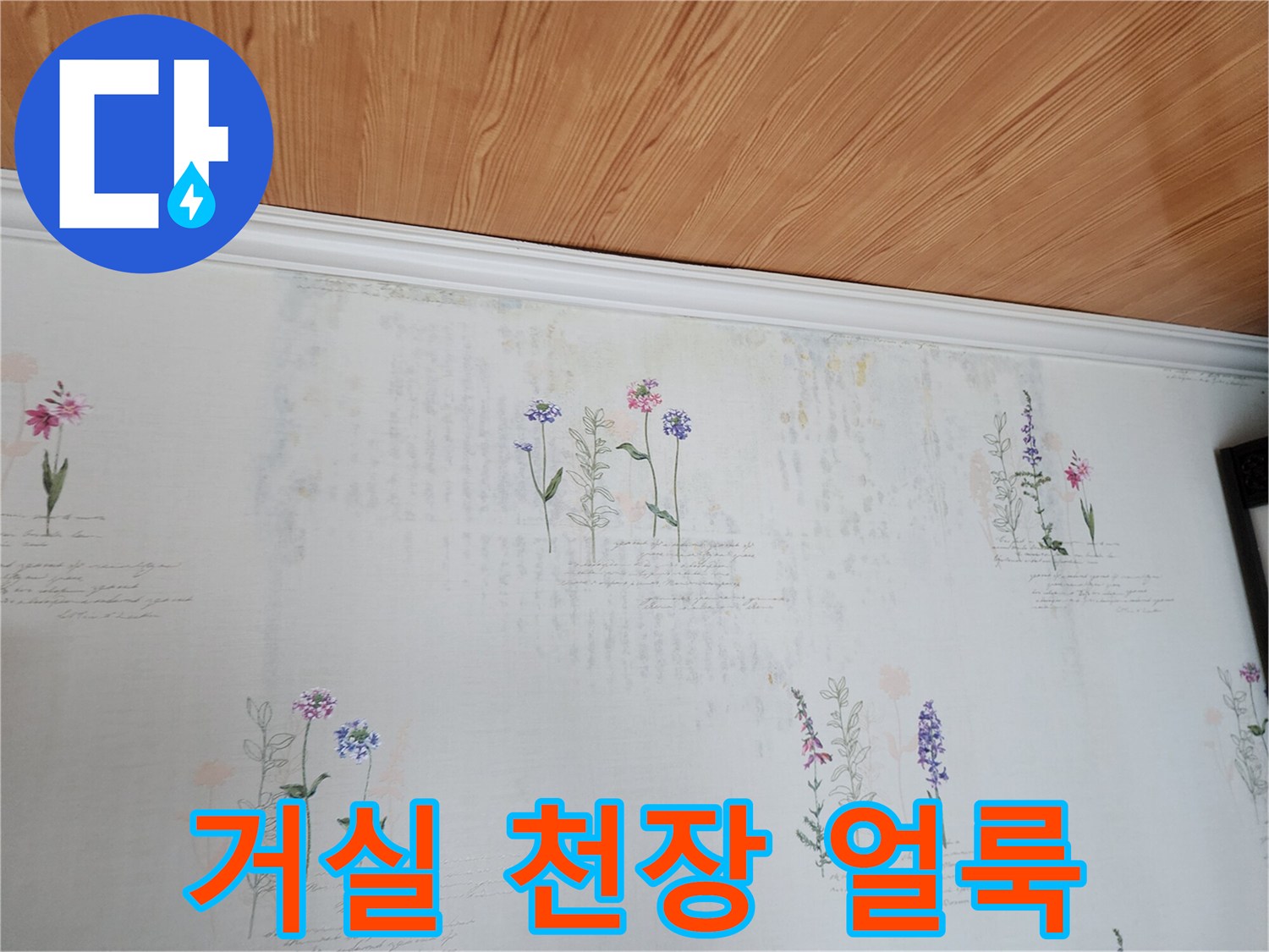 거실 천장 몰딩 근처의 벽지 변색 부위
