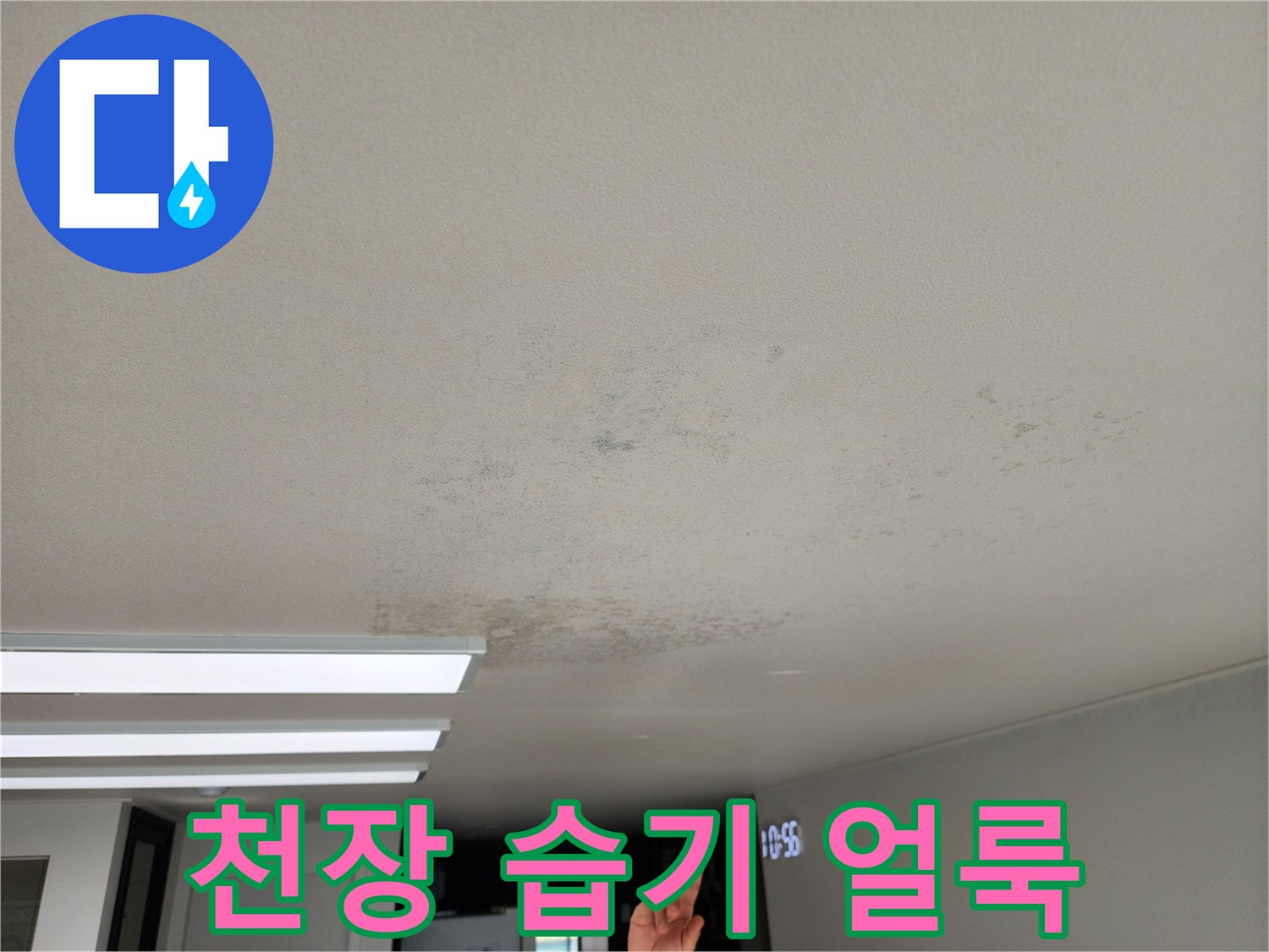물에 젖어 변색된 천장 벽지의 디테일한 모습