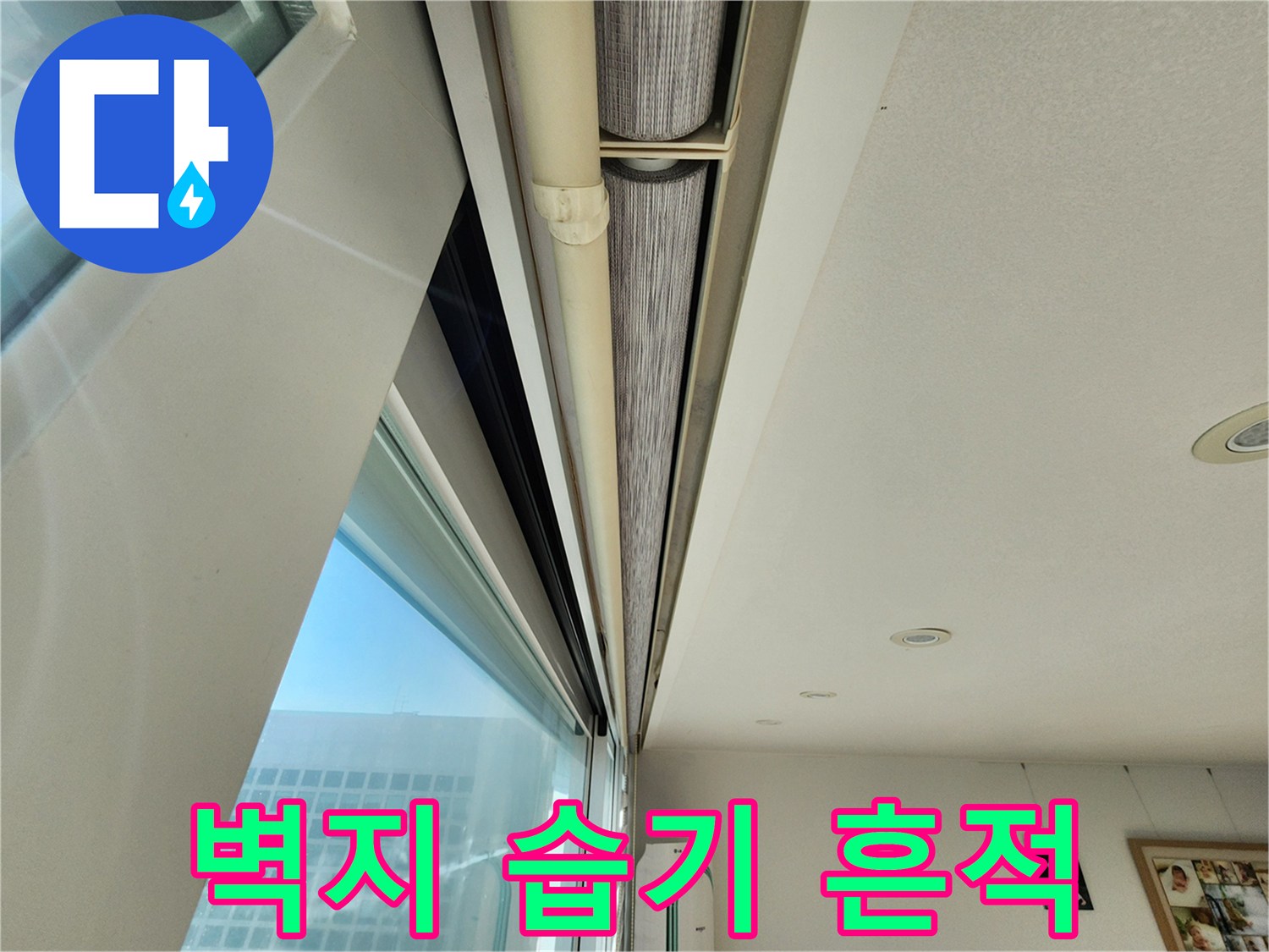 천장 몰딩 근처-벽지가 젖어 있는 모습