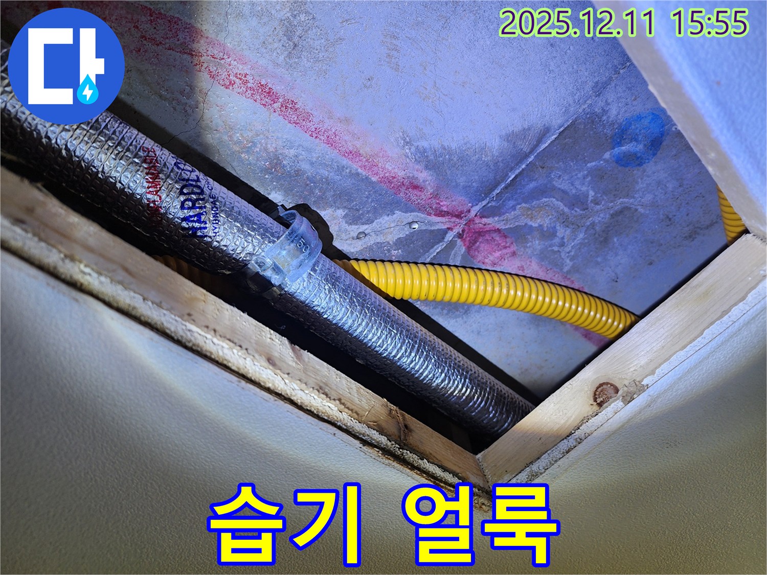 천장 누수 - 배관 주변 습기로 인한 얼룩 발생