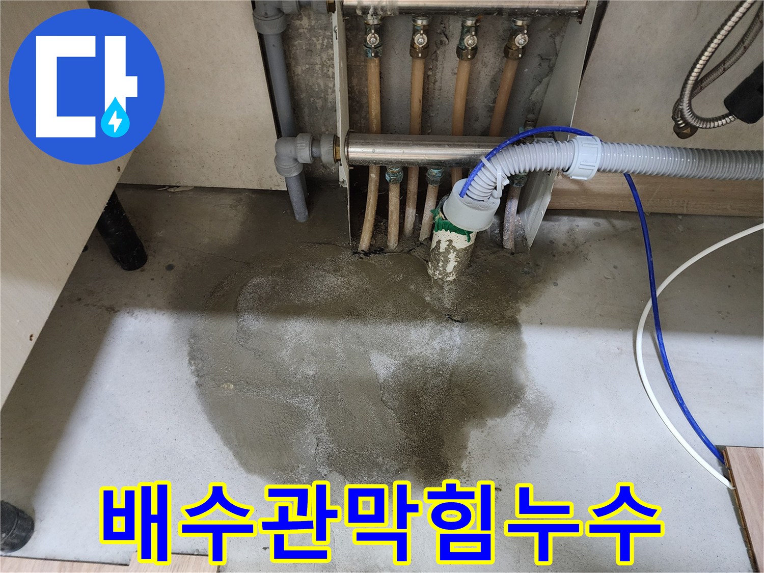 호평동-빌라의-주방에서-배수관-막힘으로-인해-누수가-발생한-현장을-담은-이미지입니다.
