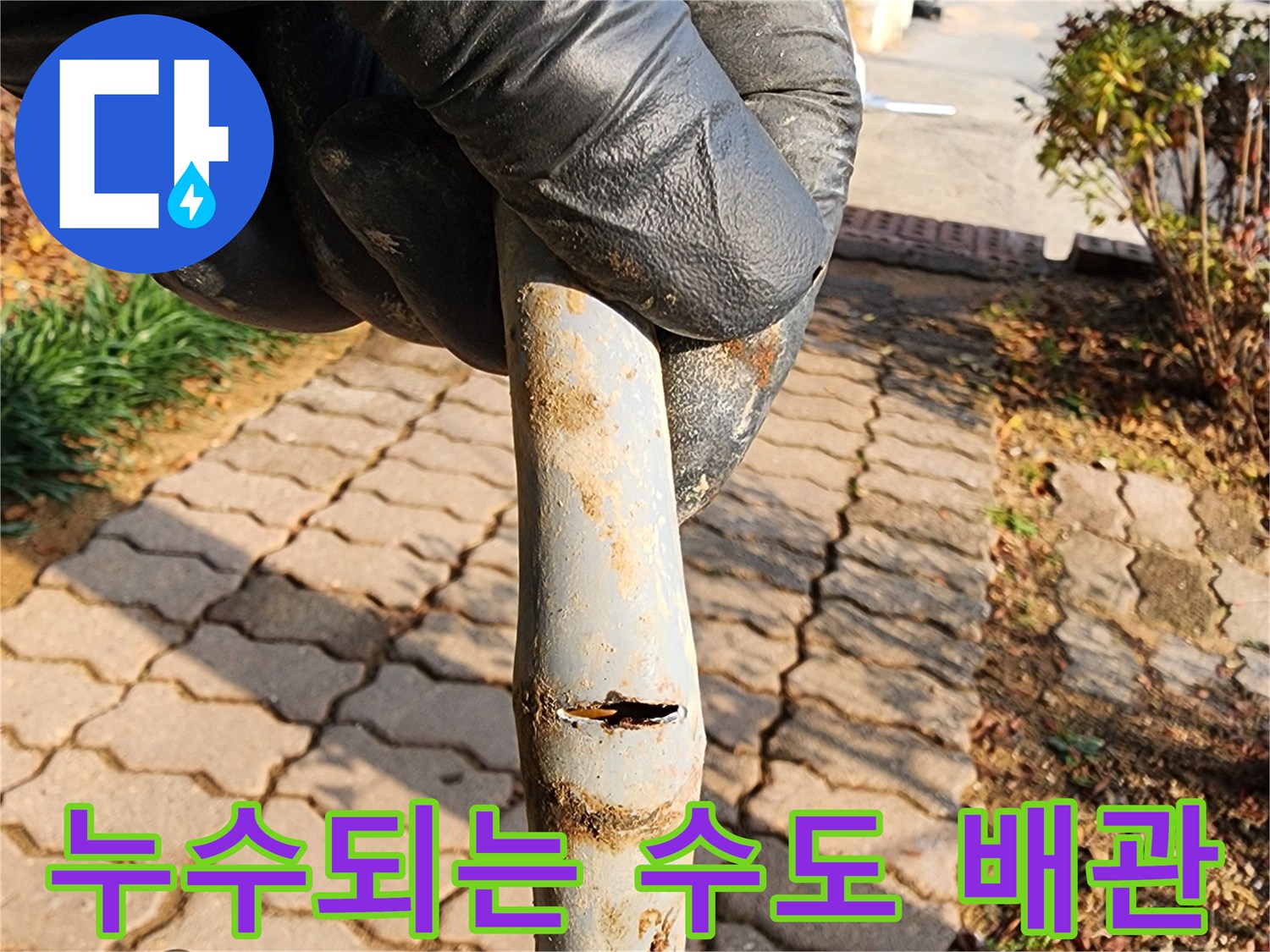길게 찢어진 형태의 파손된 매립 배관