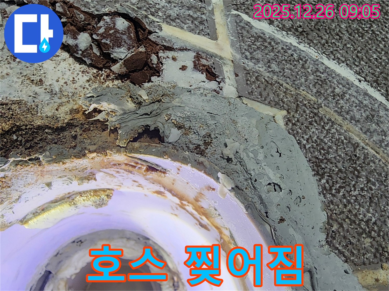 찢어진 배수 호스 - 욕조 배수 호스가 낡아 찢어진 모습