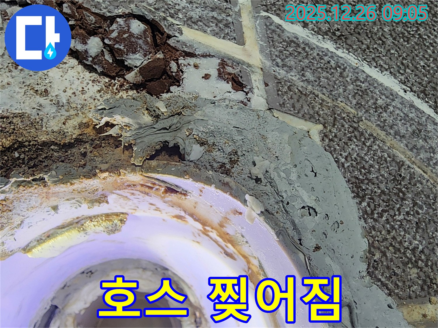 찢어진 배수 호스 - 욕조 배수 호스가 낡아 찢어진 모습