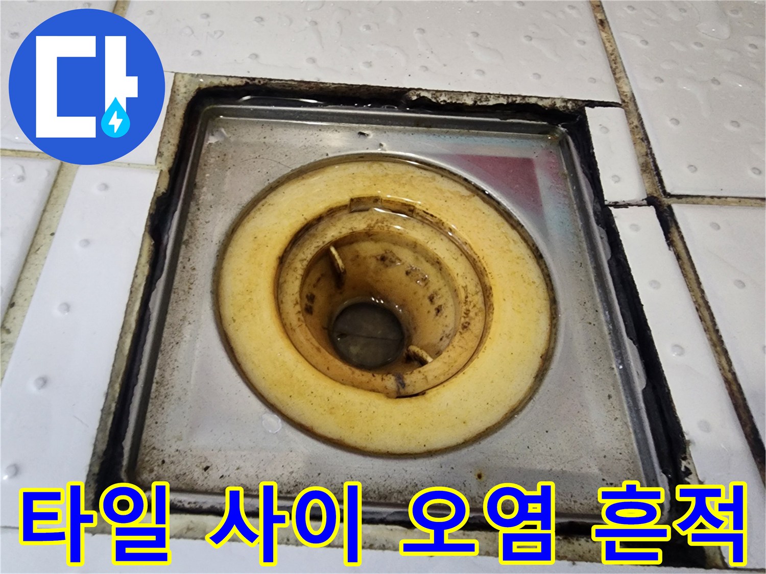 배수구-주변-타일-사이의-짙은-오염물질-및-흔적