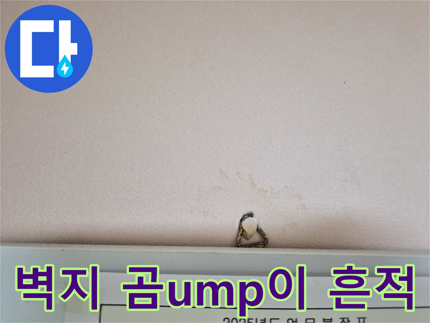 천장 몰딩 부근-물에 젖은 벽지 상태