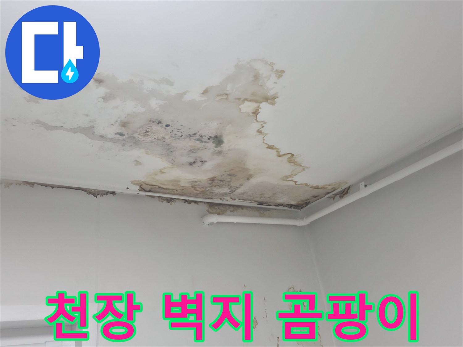 누수로 인해 부풀어 오른 천장 벽지 부분