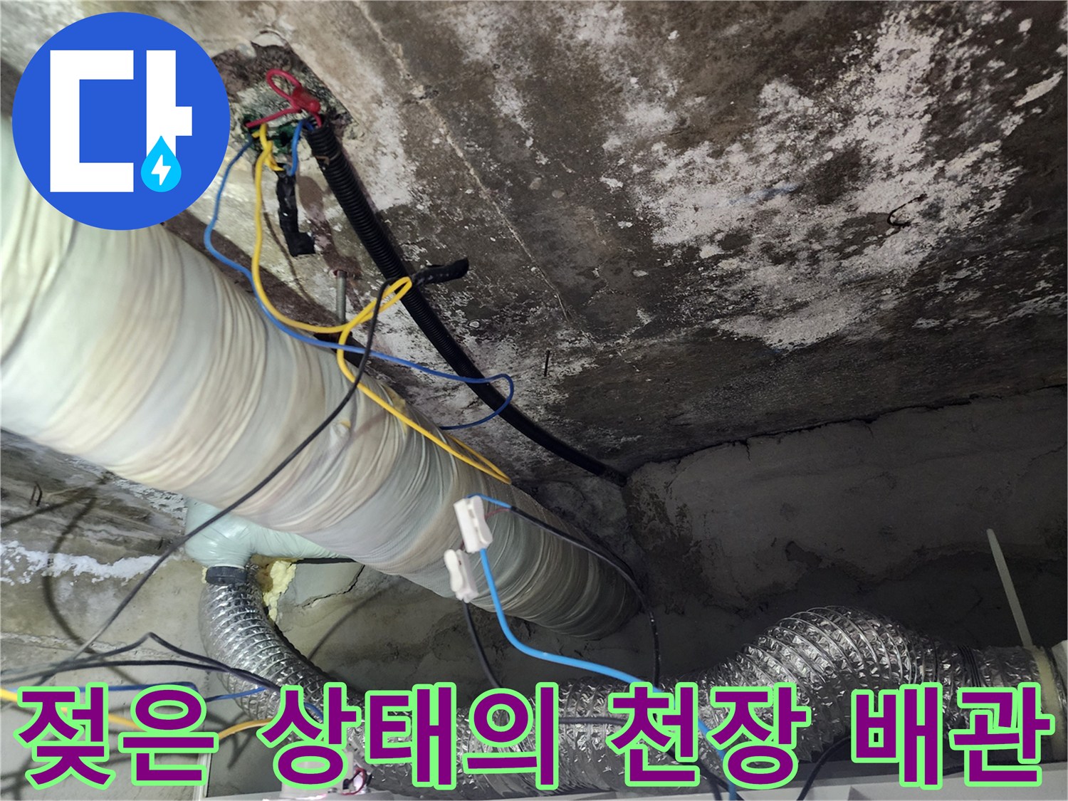 누수가 발생한-화장실 내부의 젖은 배관과 전선 구조