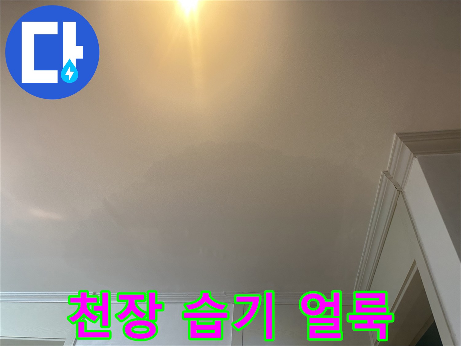 화장실 입구 쪽 천장에 발생한 넓은 누수 흔적