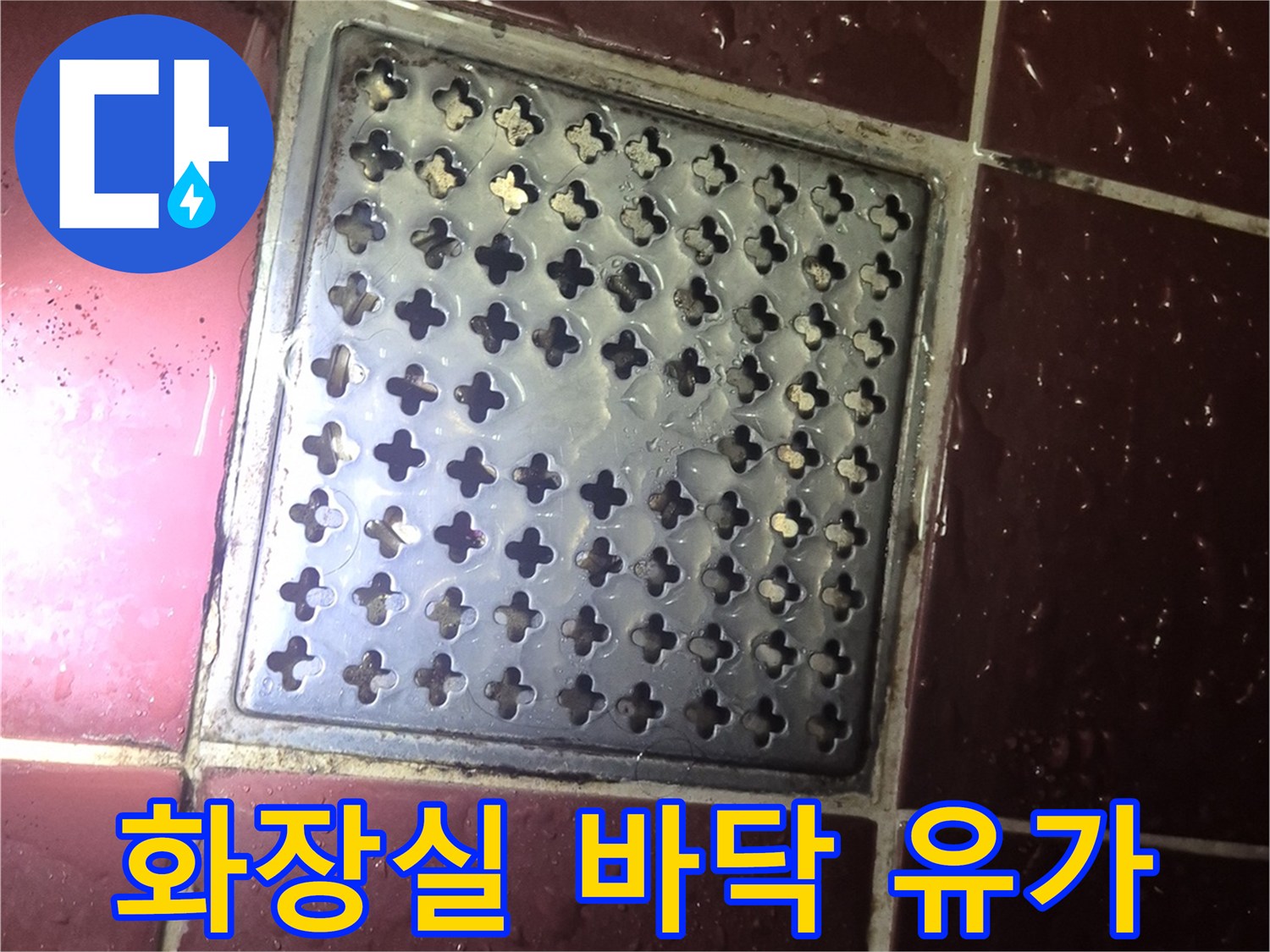 물기가 맺힌 화장실 바닥의 금속 배수구