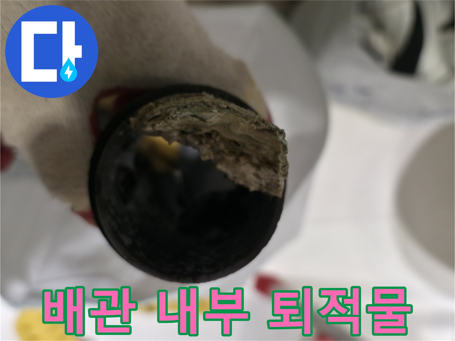 찌꺼기가 쌓여 있는 하수 배근의 단면 모습