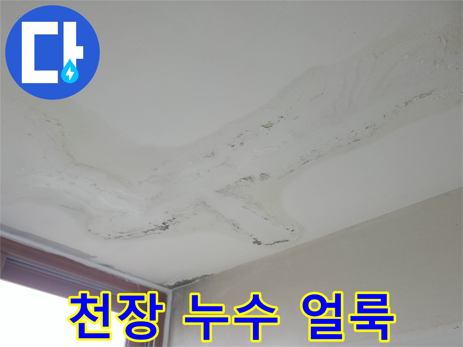 물샘 현상으로 인해 발생한 천장 벽지의 변색 부위