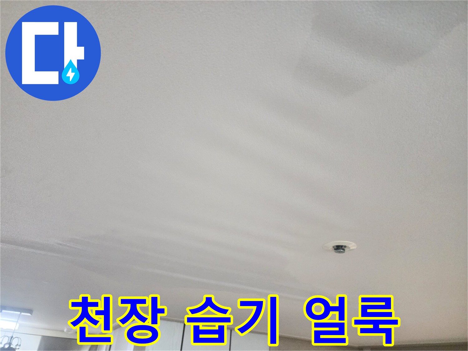천장 마감재에 나타난 광범위한 누수 흔적