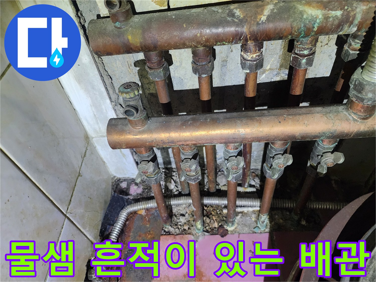 금천구 현장에서 발견된 물기가 맺힌 노후 배관 연결부