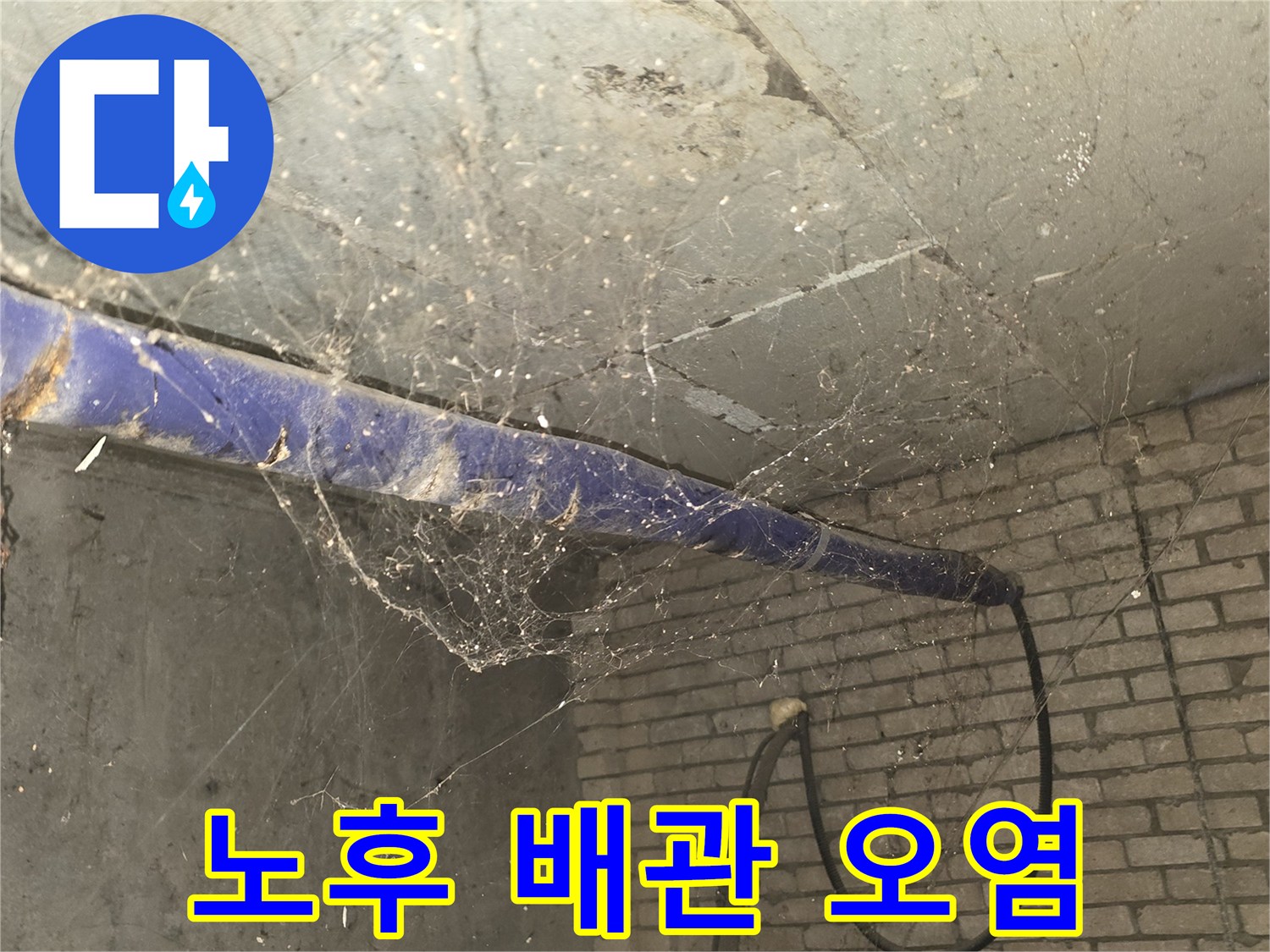 파란색 보온재로 마감된 배관의 누수 흔적