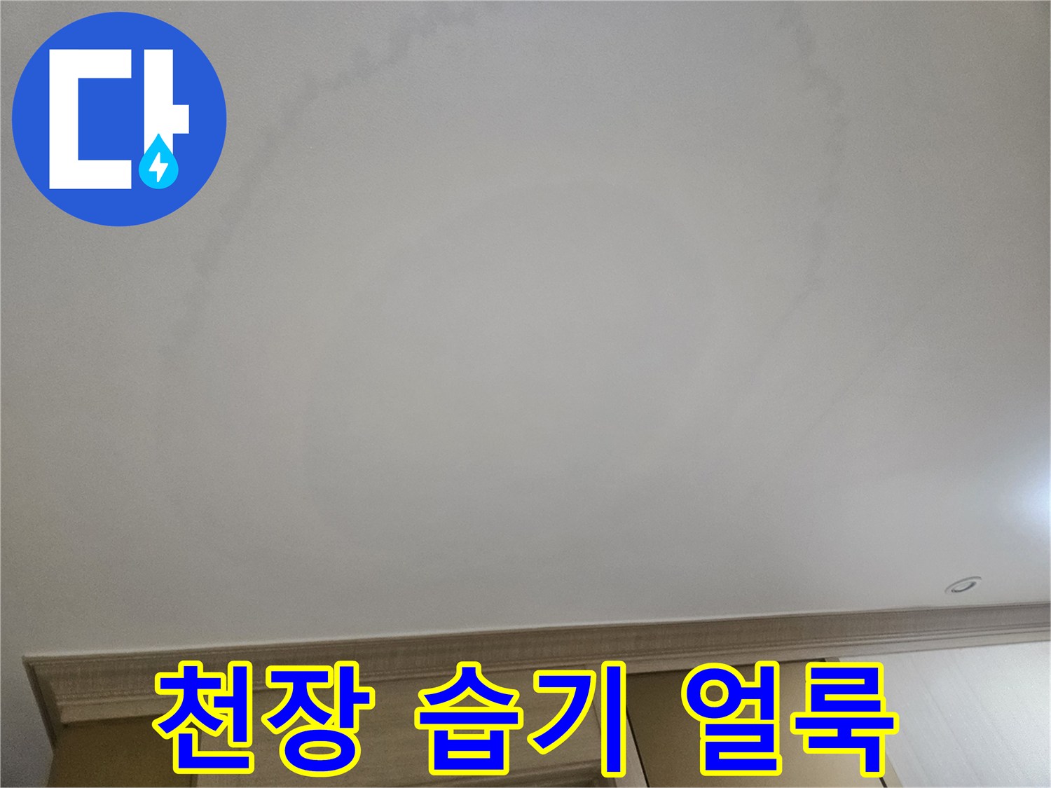 거실 천장 벽면의 넓은 습기 흔적 사진