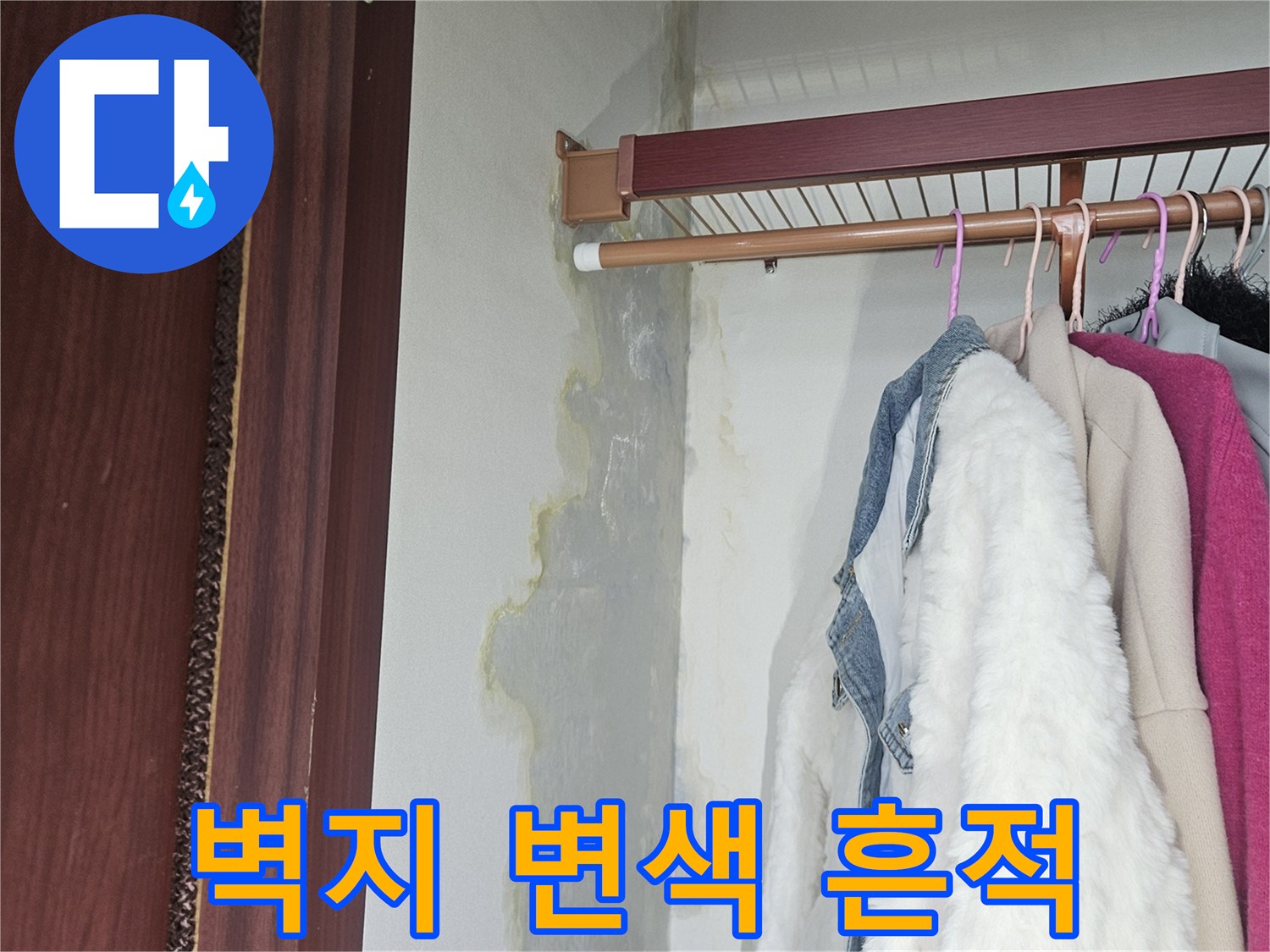 붙박이장 하단-축축하게 젖은-벽지 얼룩 상태