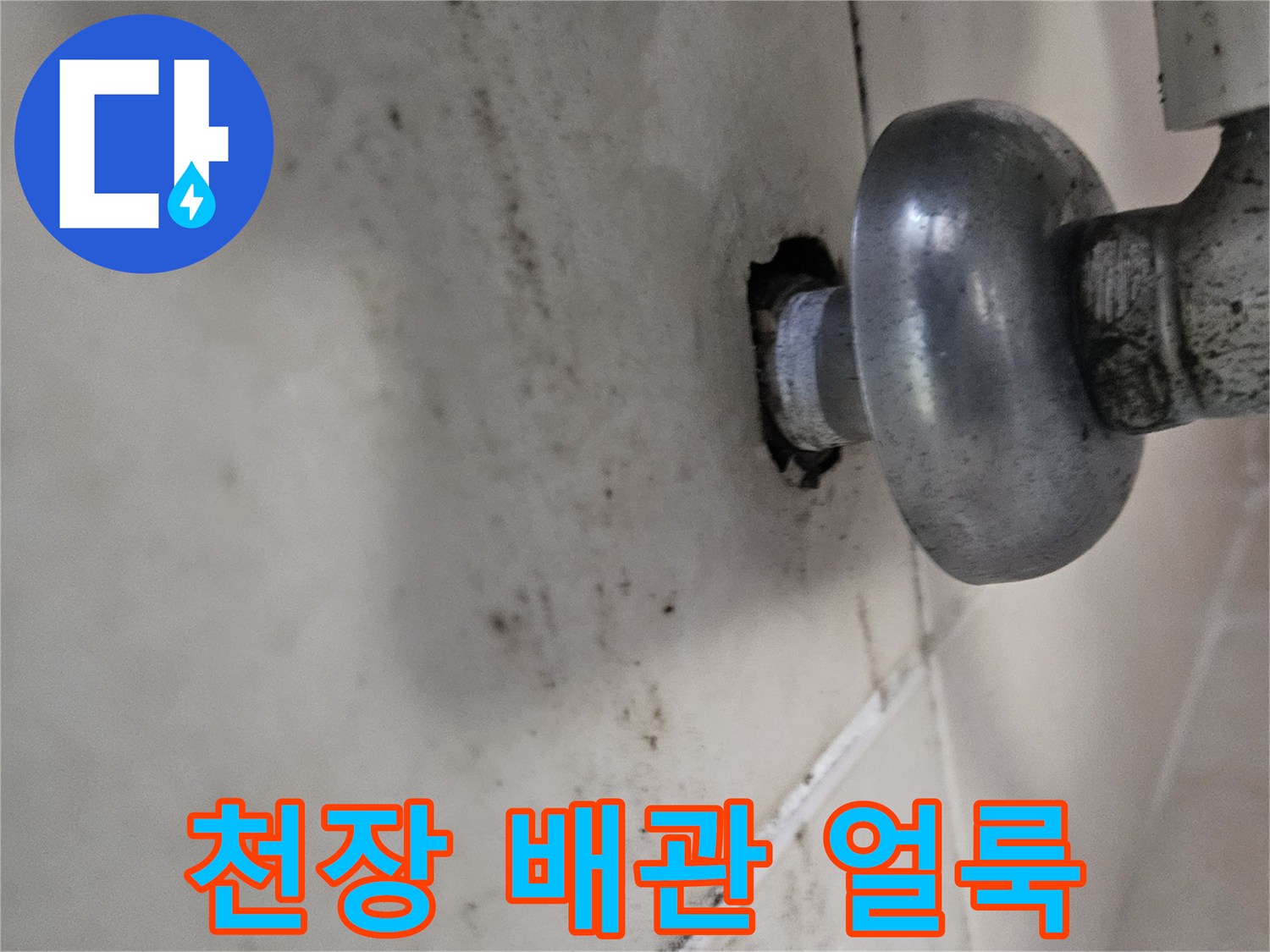 천장 배관 부위의 누수 흔적과 젖은 자국