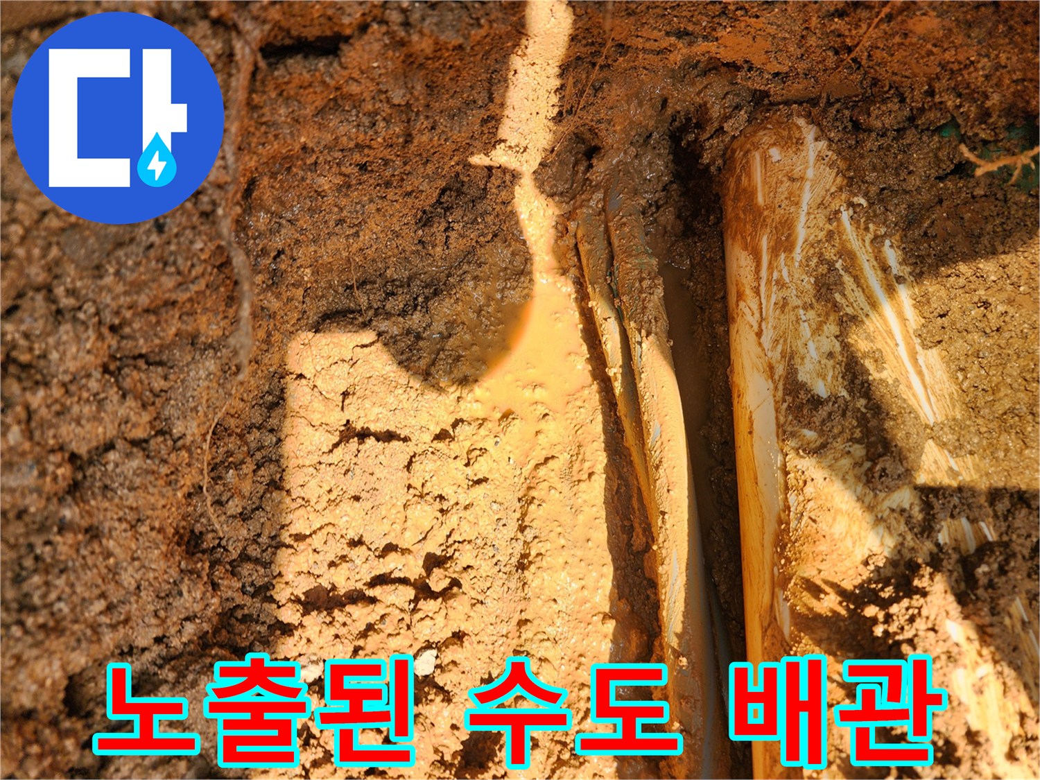 흙을 제거하여 드러난 누수 발생 배관