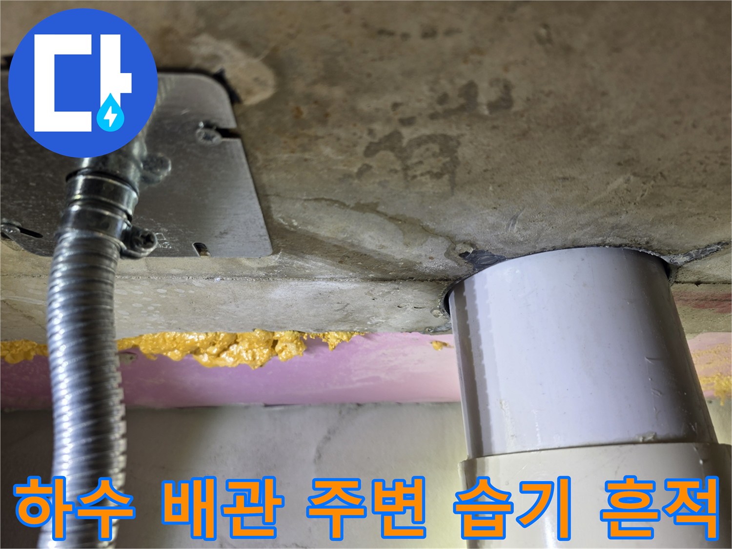 PVC 하수관과 콘크리트 천장 사이의 물기 확인