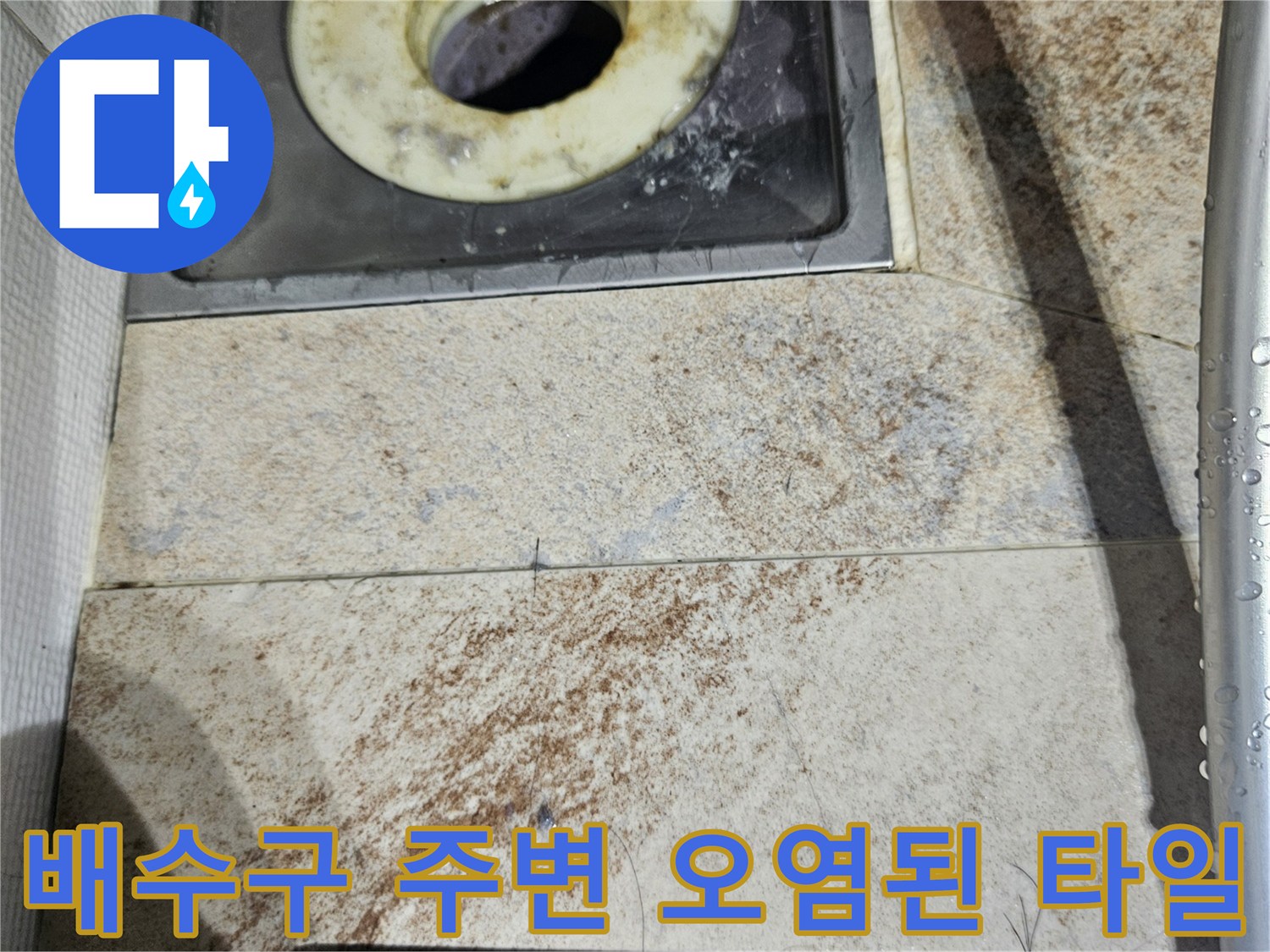 이물질과 습기가 섞인 배수구 유가 및 주변 타일 모습